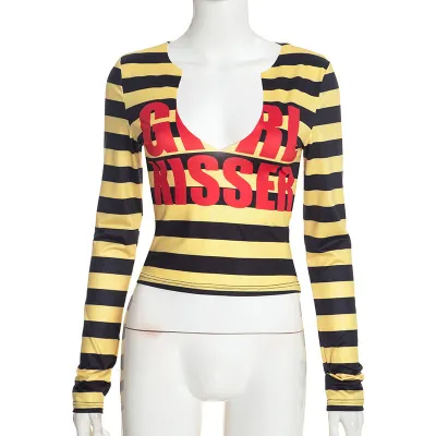 Women Sexy Stripe Letter Print Long Sleeve Cropped Top