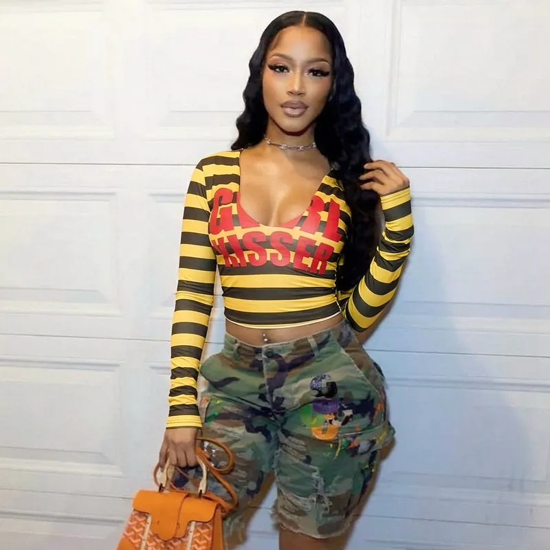 Women Sexy Stripe Letter Print Long Sleeve Cropped Top