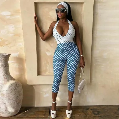 Women Fashion Creative Polka Dot Print Halter-Neck Sleeveless Tight Jumpsuits