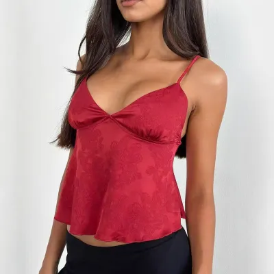 Women'S Fashion Elegant Sexy Solid Color Jacquard Deep V-Neck Slim-Fit Camisole