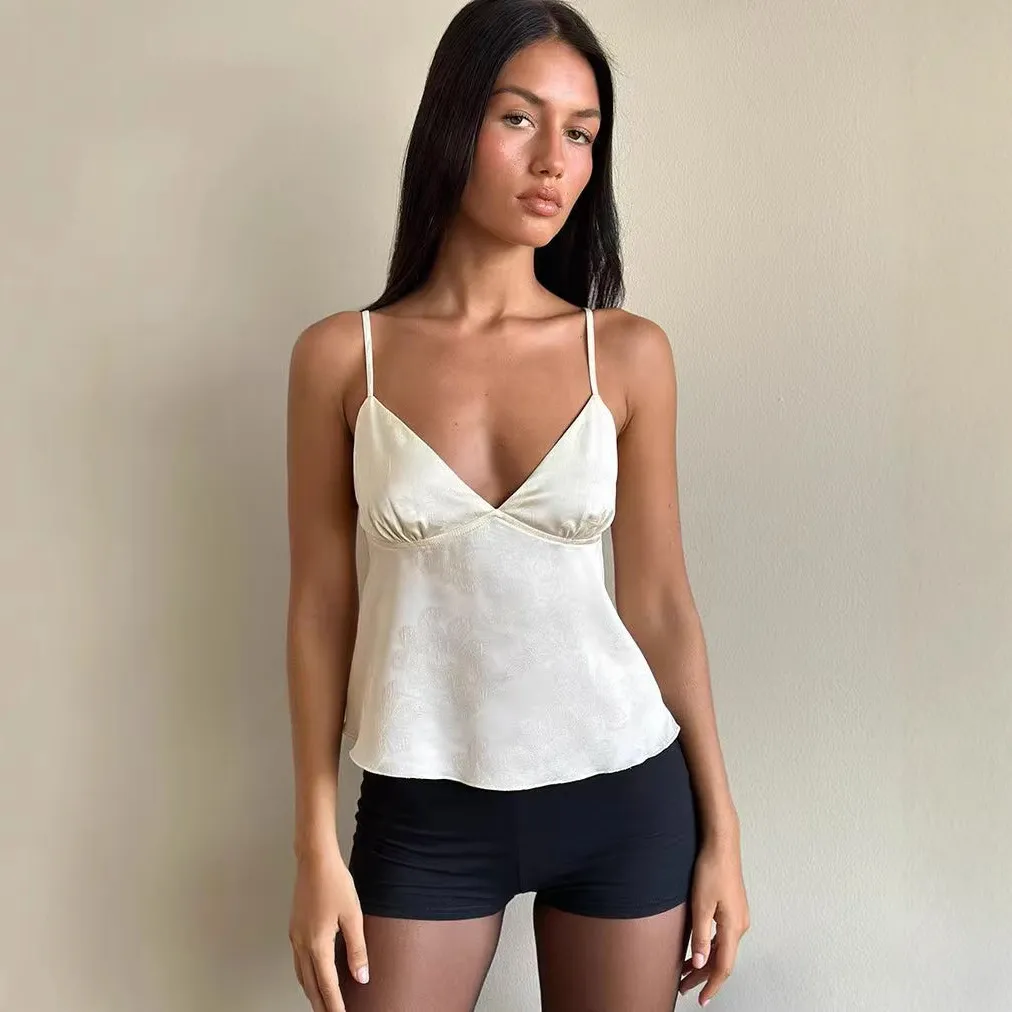 Women'S Fashion Elegant Sexy Solid Color Jacquard Deep V-Neck Slim-Fit Camisole