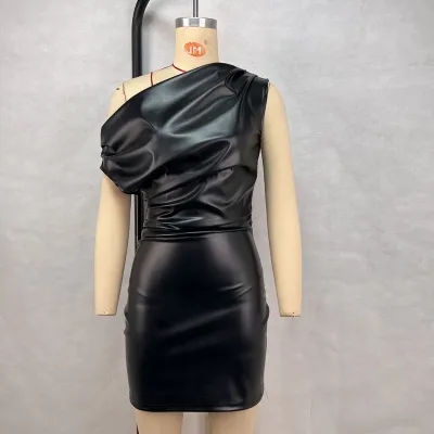 Women'S Fashion Sexy Solid Color Slant Shoulder Sleeveless Slim-Fit Dress