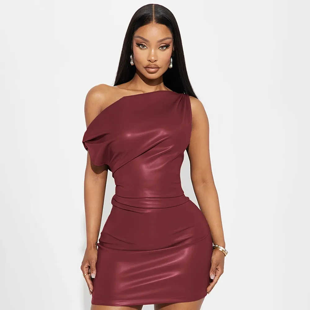 Women'S Fashion Sexy Solid Color Slant Shoulder Sleeveless Slim-Fit Dress