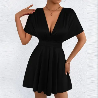 Women Fashion Elegant Solid Color V-Neck Short-Sleeve Waist A-Line Dress