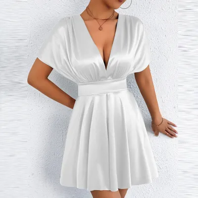 Women Fashion Elegant Solid Color V-Neck Short-Sleeve Waist A-Line Dress