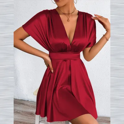Women Fashion Elegant Solid Color V-Neck Short-Sleeve Waist A-Line Dress