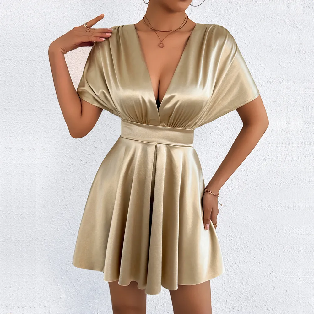 Women Fashion Elegant Solid Color V-Neck Short-Sleeve Waist A-Line Dress