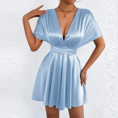 Women Fashion Elegant Solid Color V-Neck Short-Sleeve Waist A-Line Dress