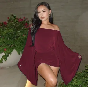 Women'S Fashion Sexy Design Solid Color Off-Shoulder Big Bat Sleeve Tight Hip Dress