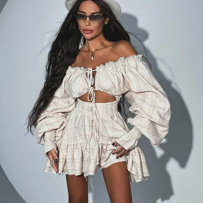 Women'S Fashion Sexy Summer Print Off Shoulder Lace Lantern Sleeve Ruffled A-Line Dress