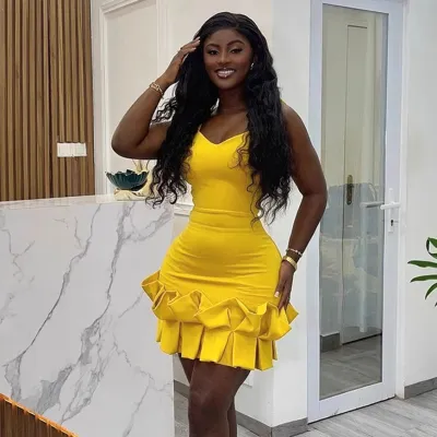 Women Fashion Sexy Solid Color Sleeveless Backless Tretch-Waist Pleated Lace Ruffled Tight Dress