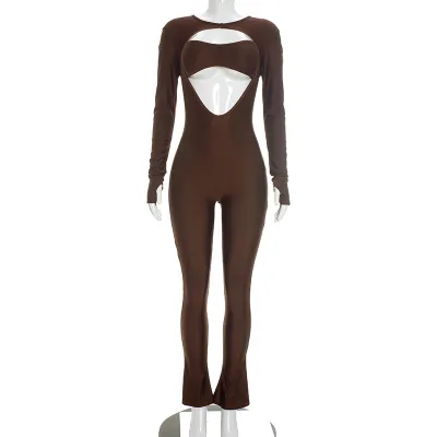 Women Fashion Sexy Solid Color Hollow-Out Long Sleeve Zipper Tight Jumpsuit