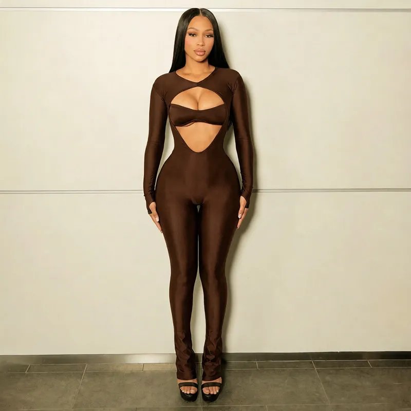 Women Fashion Sexy Solid Color Hollow-Out Long Sleeve Zipper Tight Jumpsuit