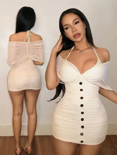 Women Fashion Sexy Solid Color Mesh Halter-Neck Off-Shoulder Slim-Fit Dress