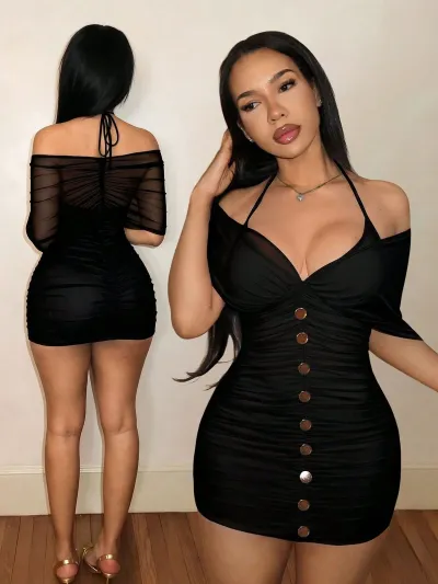 Women Fashion Sexy Solid Color Mesh Halter-Neck Off-Shoulder Slim-Fit Dress