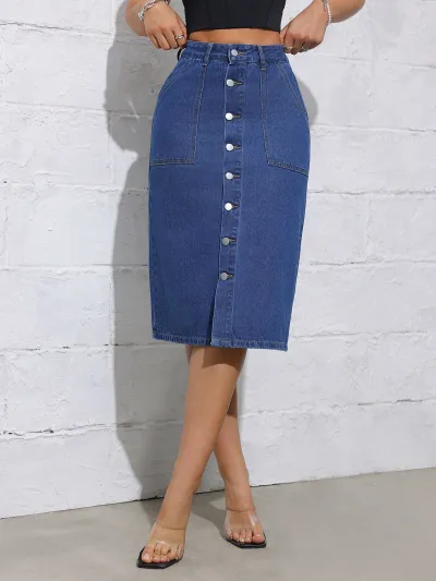 Women Fashion Simple High Waist Tight Stretch Single-Breasted Mid-Length Split Denim Skirt