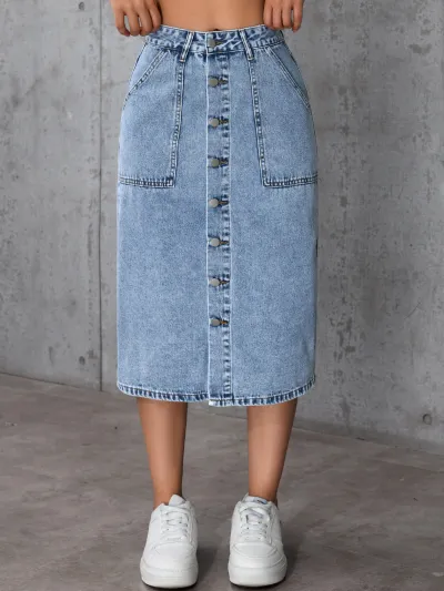 Women Fashion Simple High Waist Tight Stretch Single-Breasted Mid-Length Split Denim Skirt