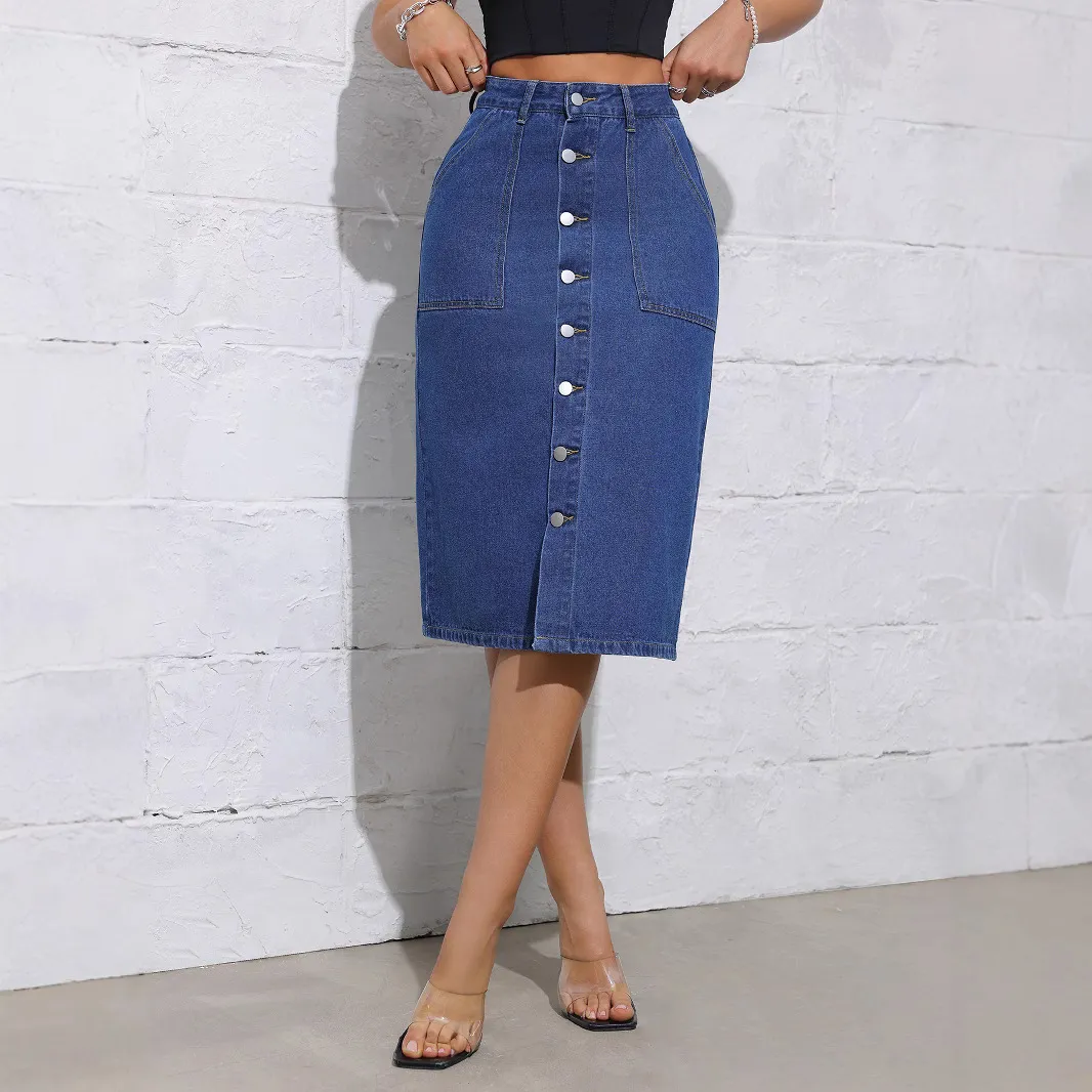 Women Fashion Simple High Waist Tight Stretch Single-Breasted Mid-Length Split Denim Skirt