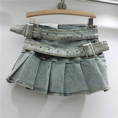 Women Fashion Retro Belt Design Washed Low Waist Pleated Denim Skirt