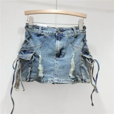 Women Fashion Retro Distressed Design Strap High Waist Ripped Denim Skirt