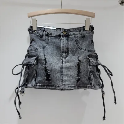 Women Fashion Retro Distressed Design Strap High Waist Ripped Denim Skirt
