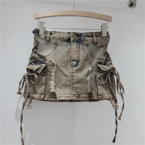 Women Fashion Retro Distressed Design Strap High Waist Ripped Denim Skirt