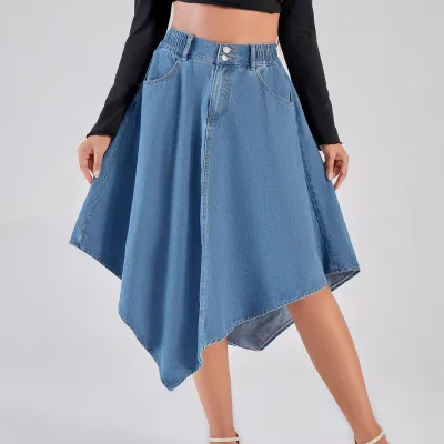 Women Fashion Irregular Umbrella Mid-Length Denim Skirt