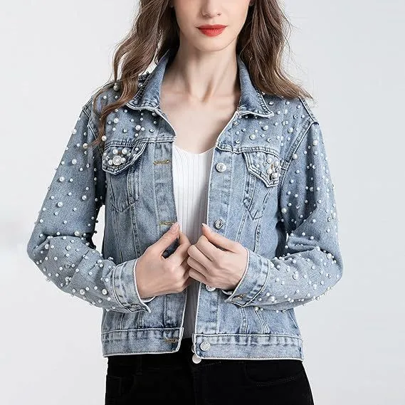Women Fashion Casual Rhinestone -Encrusted Pearl Decoration Lapel Long-Sleeve Slim-Fit Denim Jacket
