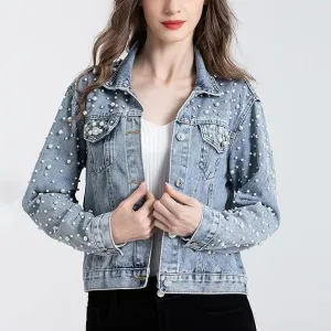 Women Fashion Casual Rhinestone -Encrusted Pearl Decoration Lapel Long-Sleeve Slim-Fit Denim Jacket