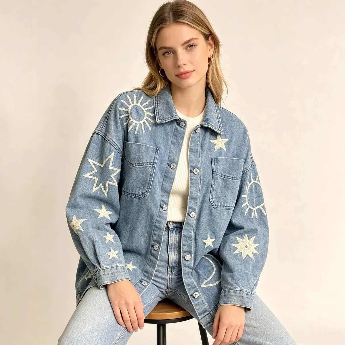 Women Fashion Casual Washed Embroidered Long Sleeve Loose Denim Coat