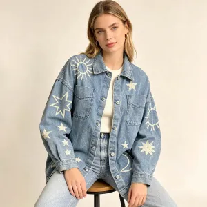 Women Fashion Casual Washed Embroidered Long Sleeve Loose Denim Coat