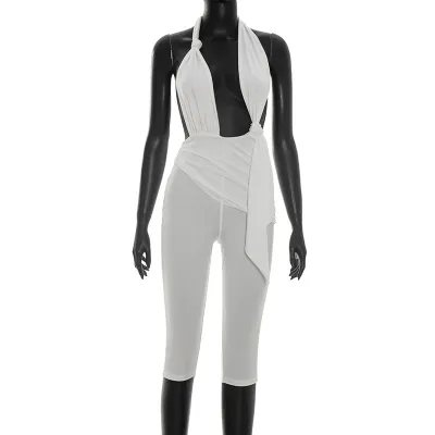 Women Fashion Sexy Summer Solid Color Halter-Neck Lace-Up Knot Backless Jumpsuits