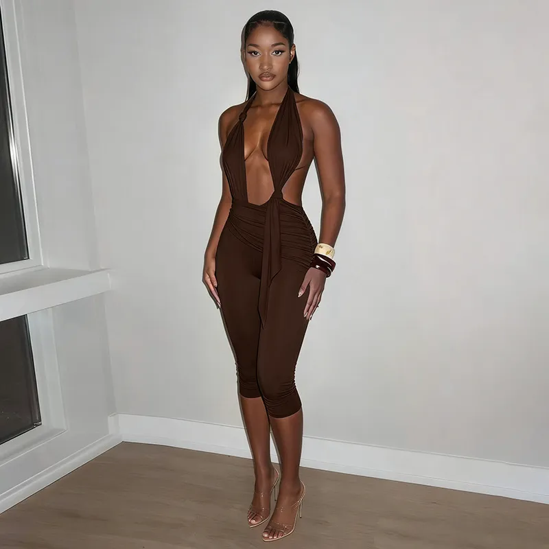 Women Fashion Sexy Summer Solid Color Halter-Neck Lace-Up Knot Backless Jumpsuits
