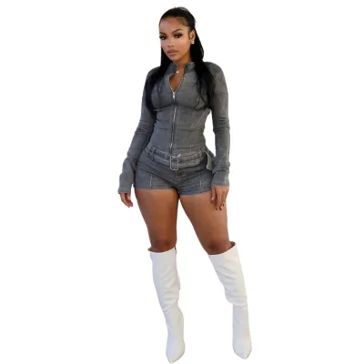 Women Fashion Casual Solid Color Zipper Long-Sleeve Jacket Stretch Tight Shorts Belt Denim Two-Piece Set