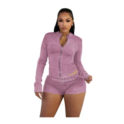 Women Fashion Casual Solid Color Zipper Long-Sleeve Jacket Stretch Tight Shorts Belt Denim Two-Piece Set