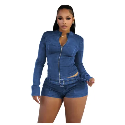 Women Fashion Casual Solid Color Zipper Long-Sleeve Jacket Stretch Tight Shorts Belt Denim Two-Piece Set