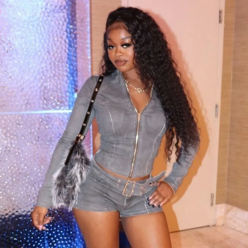 Women Fashion Casual Solid Color Zipper Long-Sleeve Jacket Stretch Tight Shorts Belt Denim Two-Piece Set