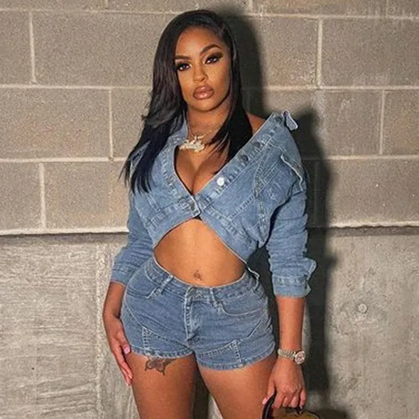 Women Fashion Casual Lapel Long-Sleeve Jacket Tight Shorts Denim Two-Piece Set