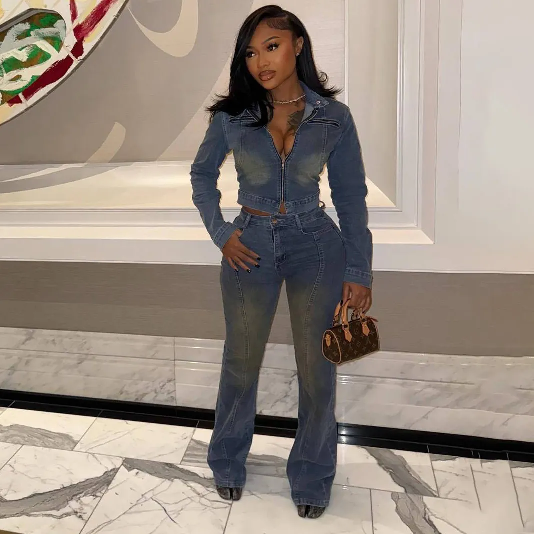 Women Fashion Casual Retro Distressed Stretch Long Sleeve Zipper Jacket Bootcut Jeans Denim Two-Piece Set