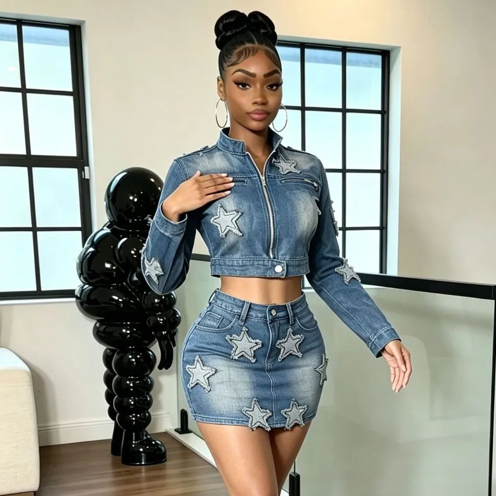Women Fashion Five-Pointed Stitching Zipper Long-Sleeve Jacket Stretch Mini Skirt Denim Two-Piece Set