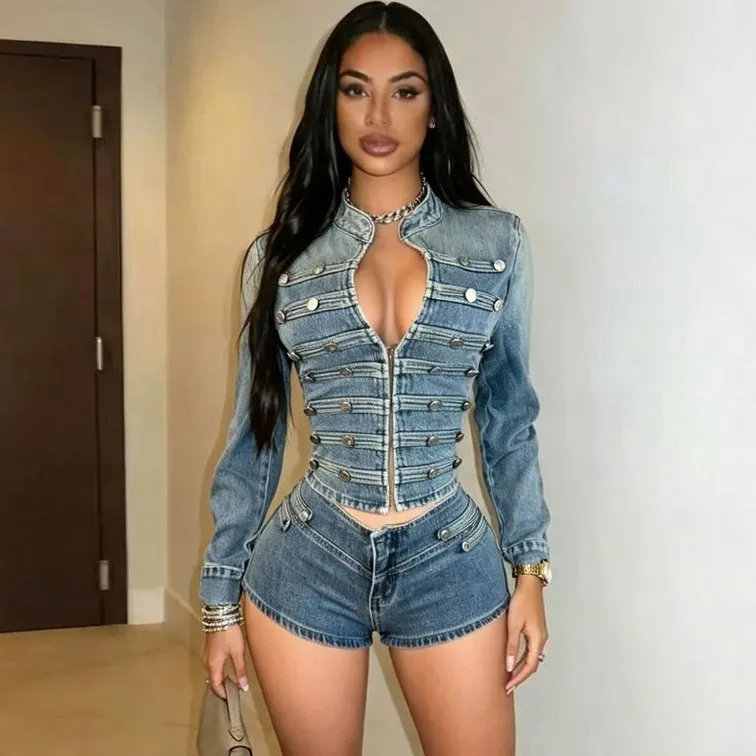 Women Fashion Retro Stretch Button Decoration Long Sleeve Jacket Tight Shorts Denim Two-Piece Set