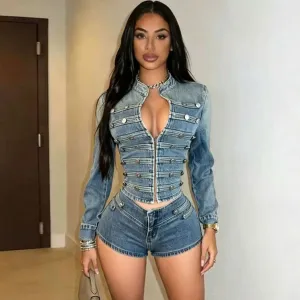 Women Fashion Retro Stretch Button Decoration Long Sleeve Jacket Tight Shorts Denim Two-Piece Set