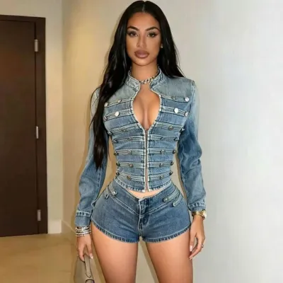 Women Fashion Retro Stretch Button Decoration Long Sleeve Jacket Tight Shorts Denim Two-Piece Set