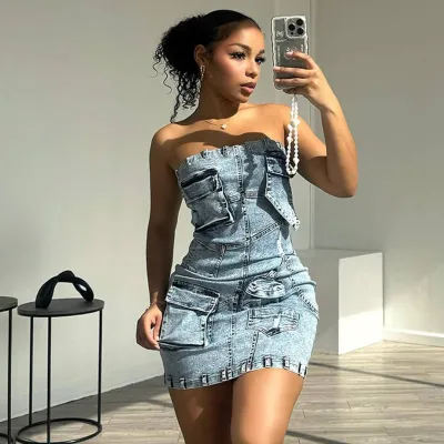 Women Fashion Sexy 3d Pocket Stitching Tube Top Slim Fit Denim Dress