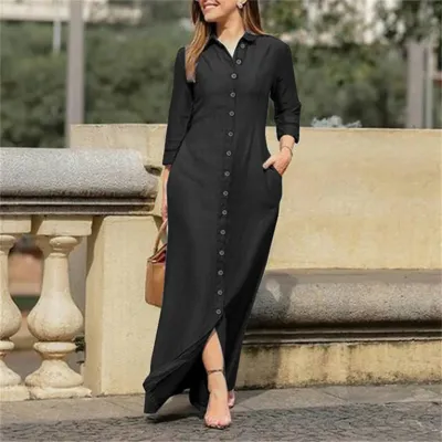 Woemn Fashion Casual Simple Solid Color Lapel Long-Sleeve Pocket Loose Denim Dress
