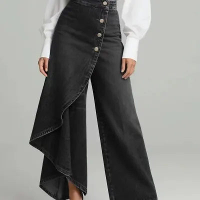 Women Fashion Casual Solid Color Washed Stitching Denim Buckle Decorative Wide Leg Jeans