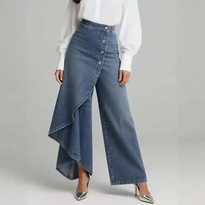 Women Fashion Casual Solid Color Washed Stitching Denim Buckle Decorative Wide Leg Jeans