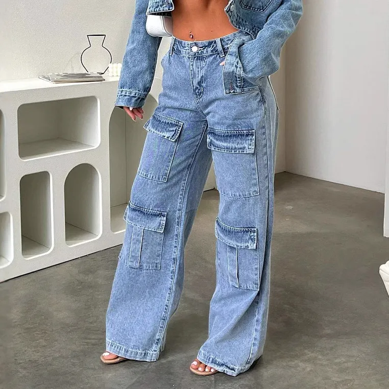 Women Fashion Retro Washed Pocket Straight Wide Leg Cargo Jeans