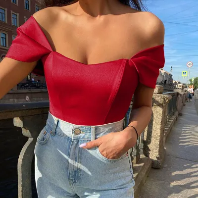 Women Fashion Sexy Summer Solid Color Off-The-Shoulder Fishbone Waist Tube Top