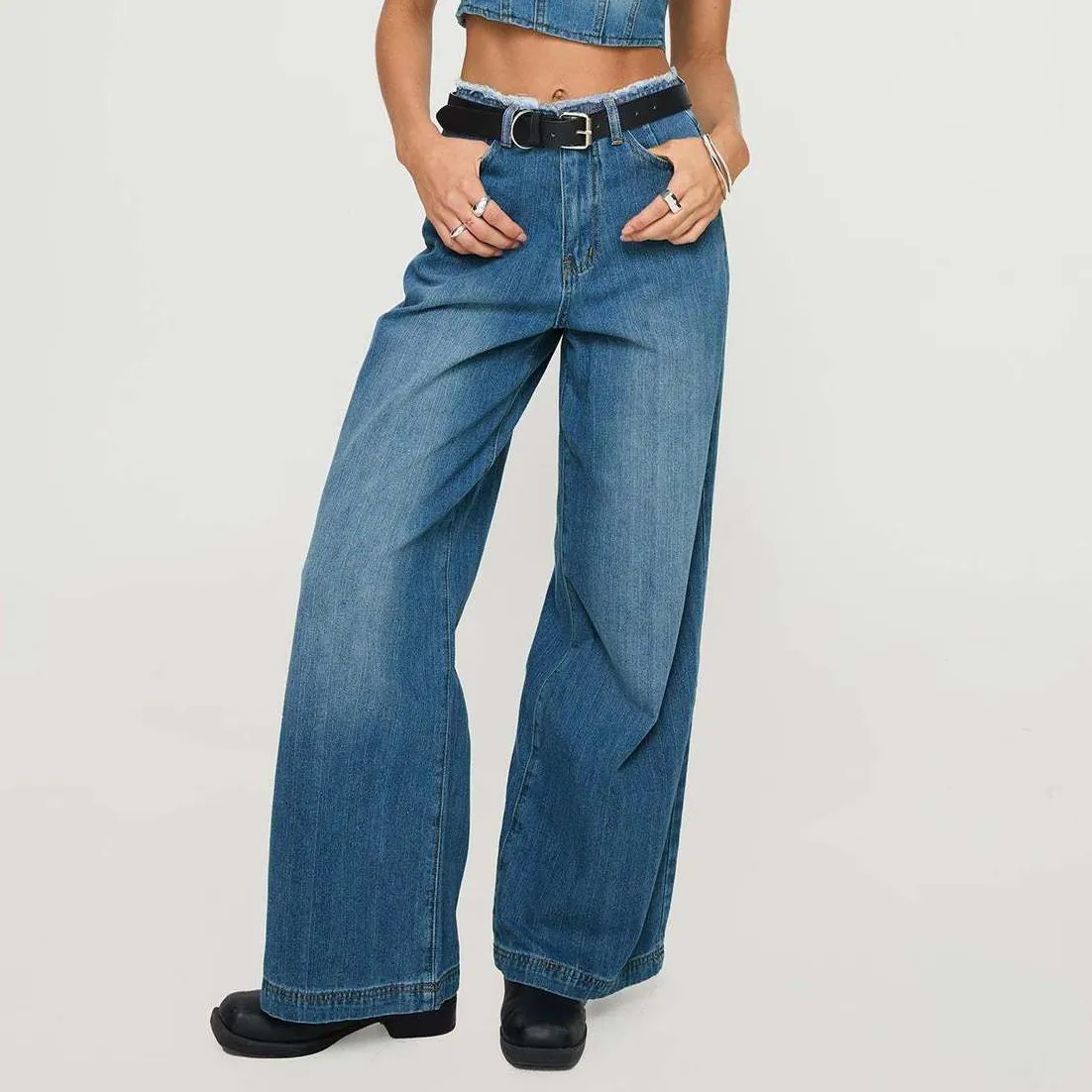Women Fashion Casual Retro Wide Leg Straight Jeans